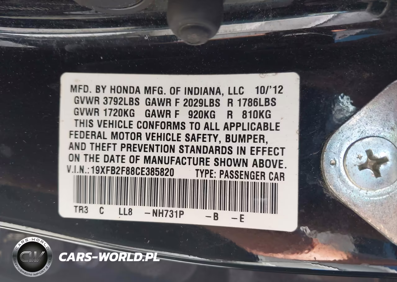 2012 Honda Civic Ex VIN:19XFB2F88CE385820 - 9