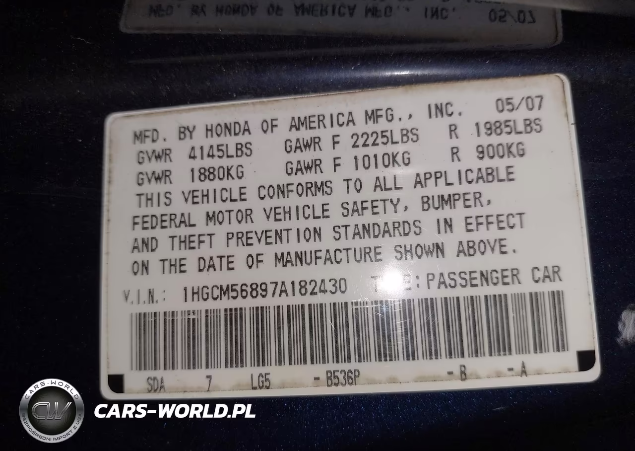 2007 Honda Accord 2.4 Ex VIN:1HGCM56897A182430 - 9