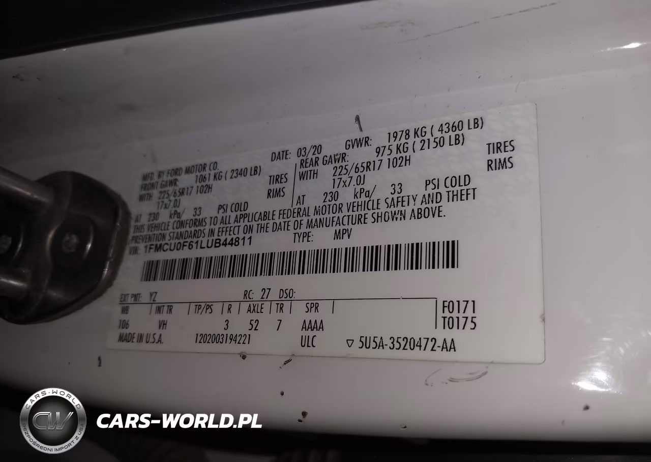 2020 Ford Escape S VIN:1FMCU0F61LUB44811 - 9