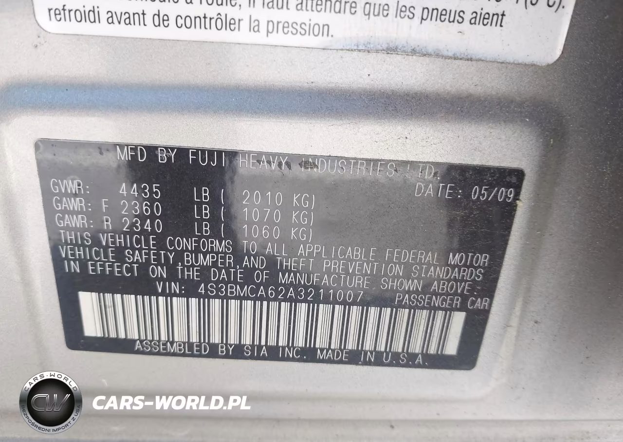 2010 Subaru Legacy 2.5I VIN:4S3BMCA62A3211007 - 9
