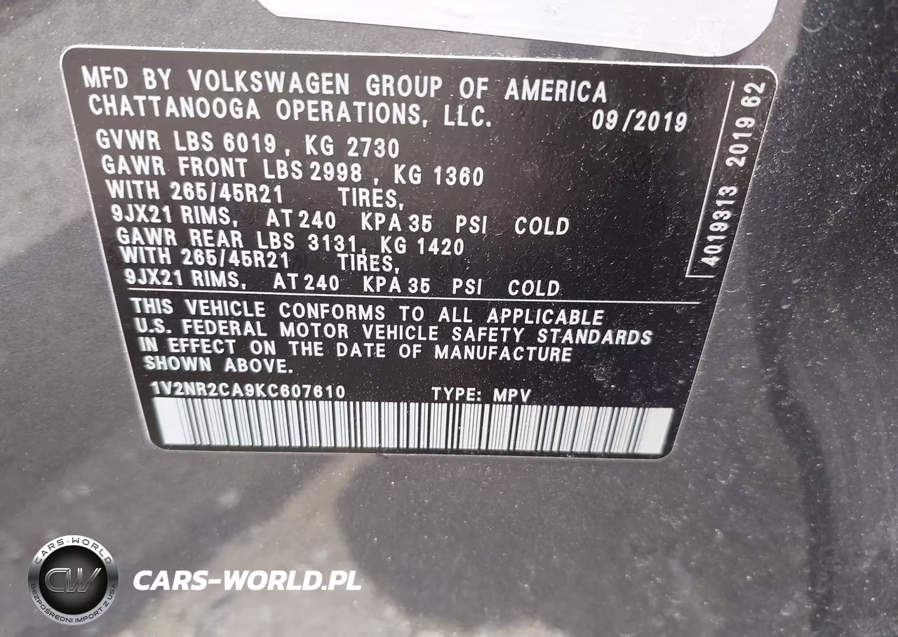 2019 Volkswagen Atlas 3.6L V6 Sel Premium VIN:1V2NR2CA9KC607610 - 9