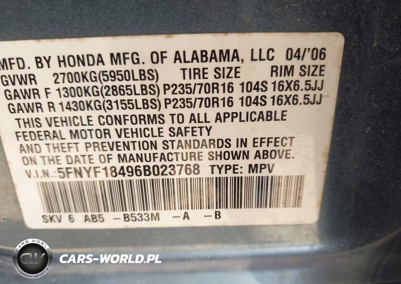 2006 Honda Pilot Ex VIN:5FNYF18496B023768 - 9