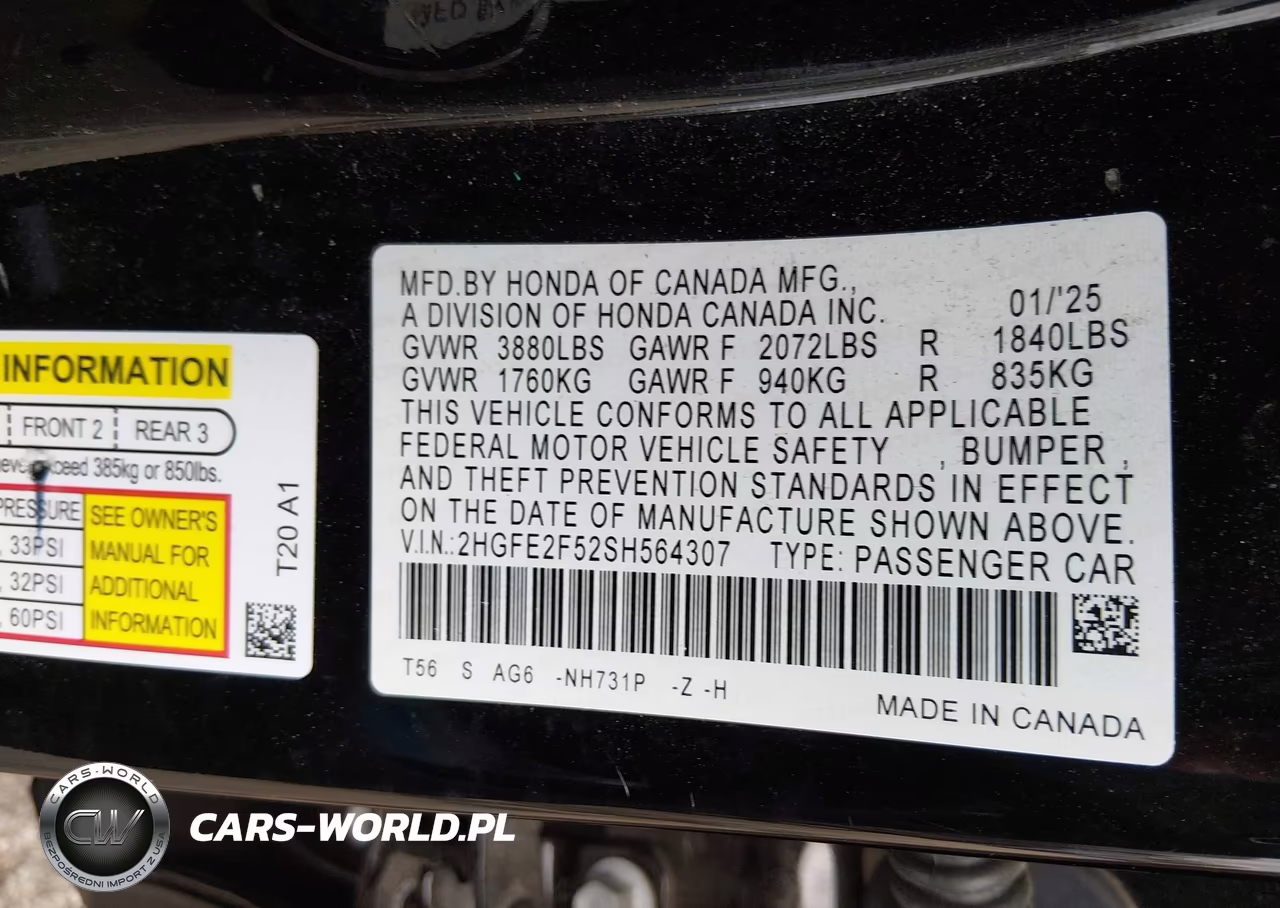 2025 Honda Civic Sport VIN:2HGFE2F52SH564307 - 9