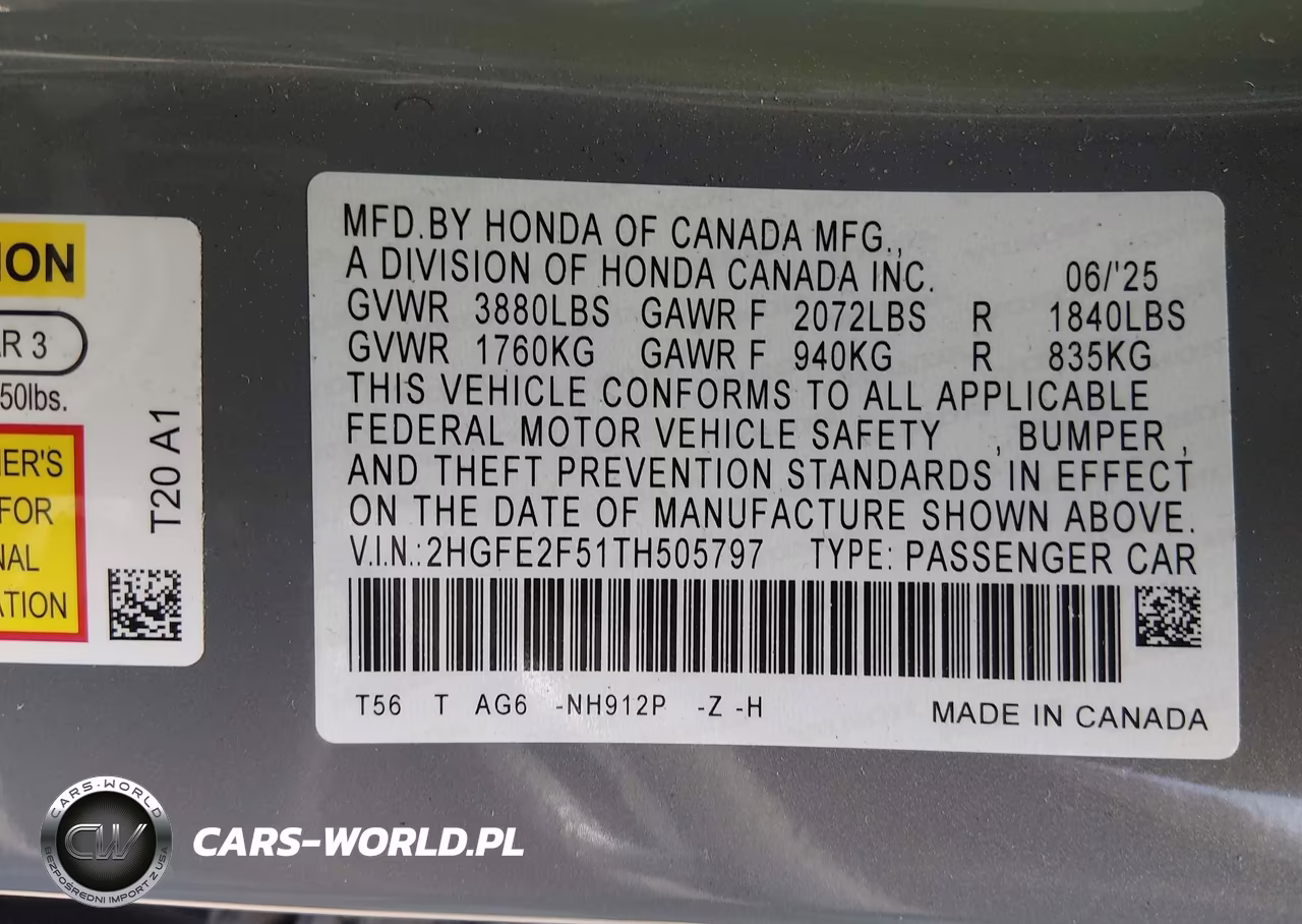 2026 Honda Civic Sport VIN:2HGFE2F51TH505797 - 9