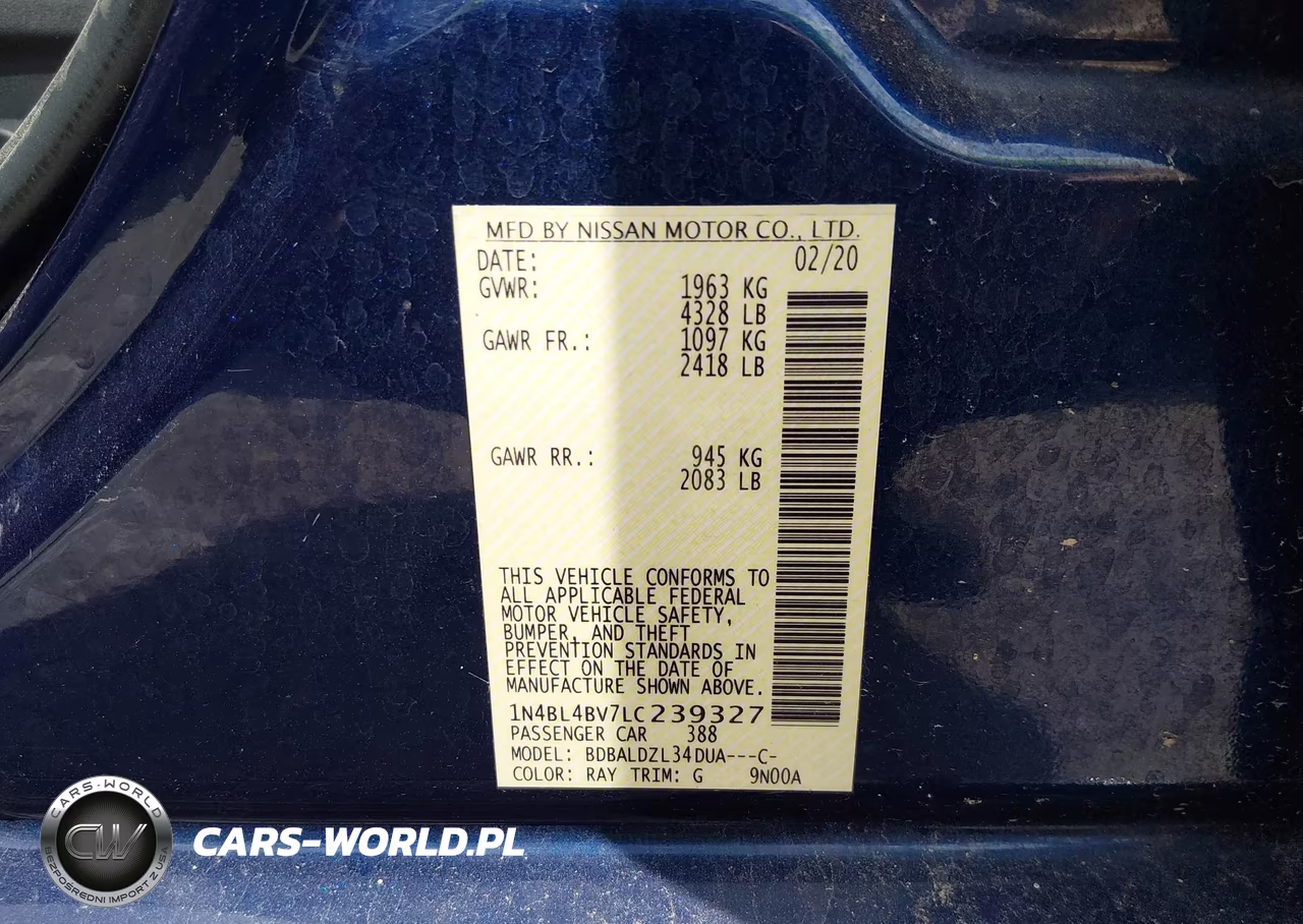 2020 Nissan Altima S Fwd VIN:1N4BL4BV7LC239327 - 9