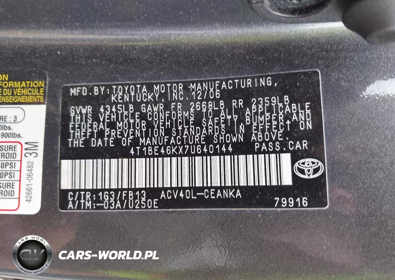 2007 Toyota Camry Le VIN:4T1BE46KX7U640144 - 9