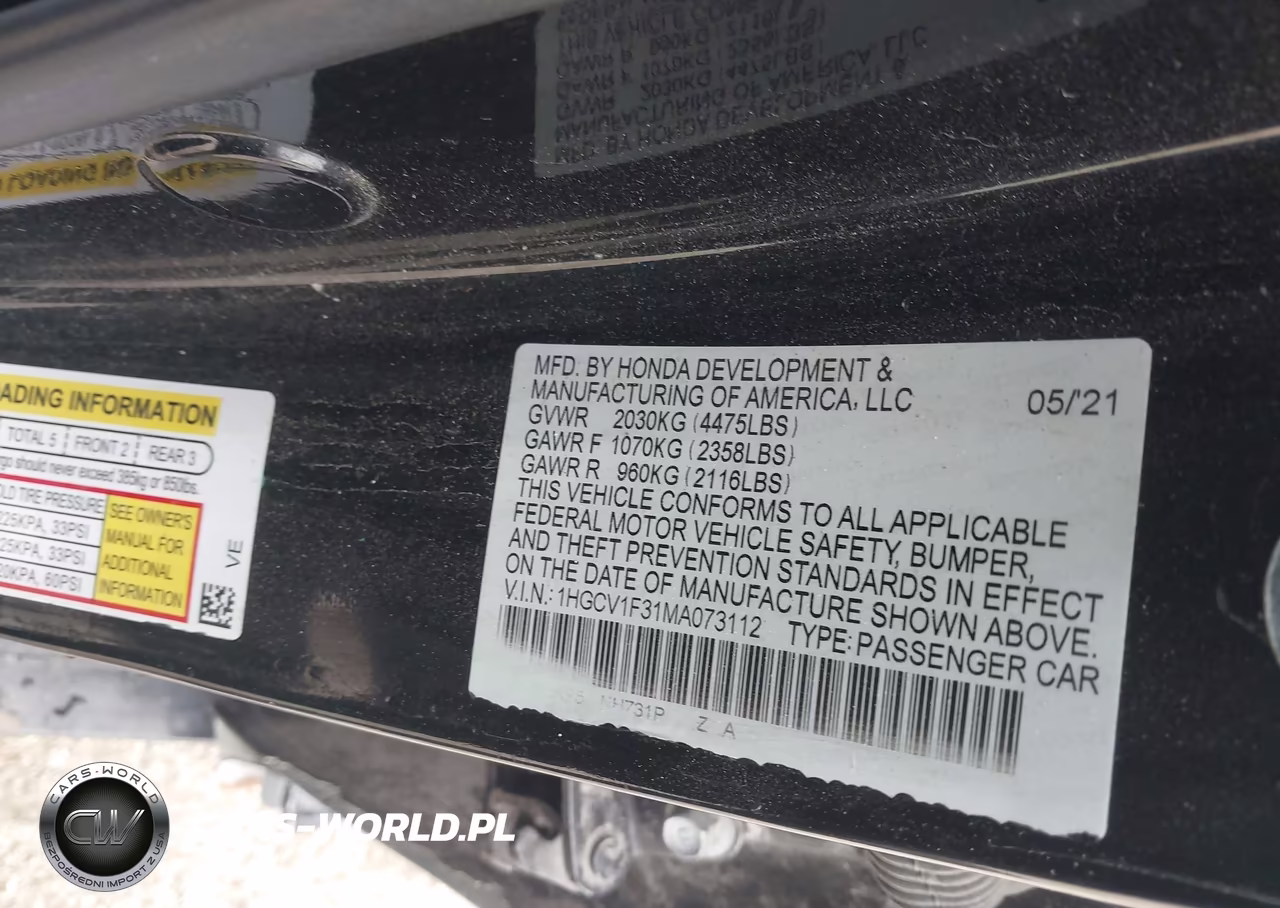 2021 Honda Accord Sport VIN:1HGCV1F31MA073112 - 9