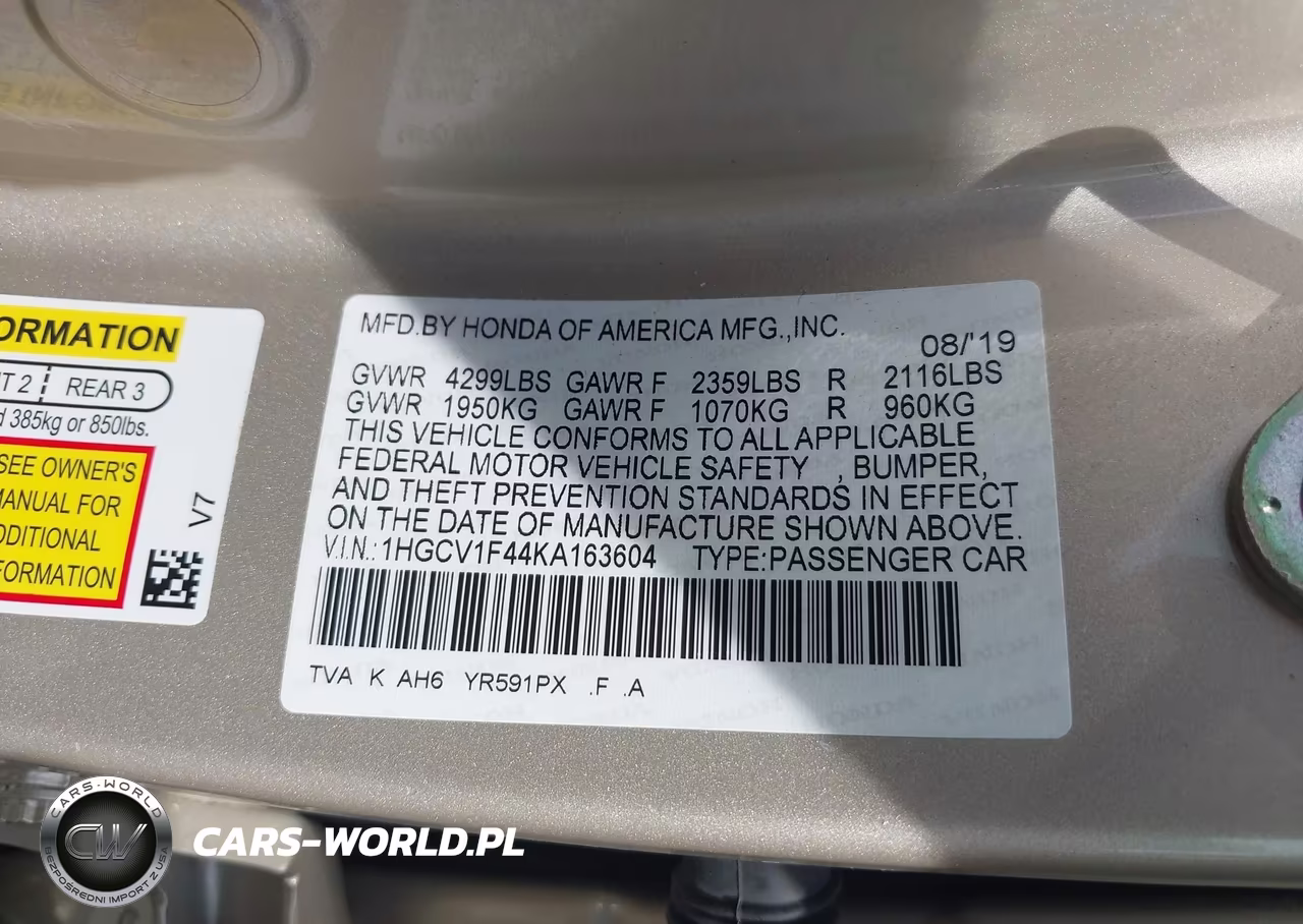 2019 Honda Accord Ex VIN:1HGCV1F44KA163604 - 9