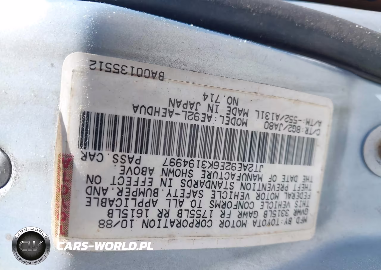 1989 Toyota Corolla Dlx VIN:JT2AE92E6K3194997 - 9