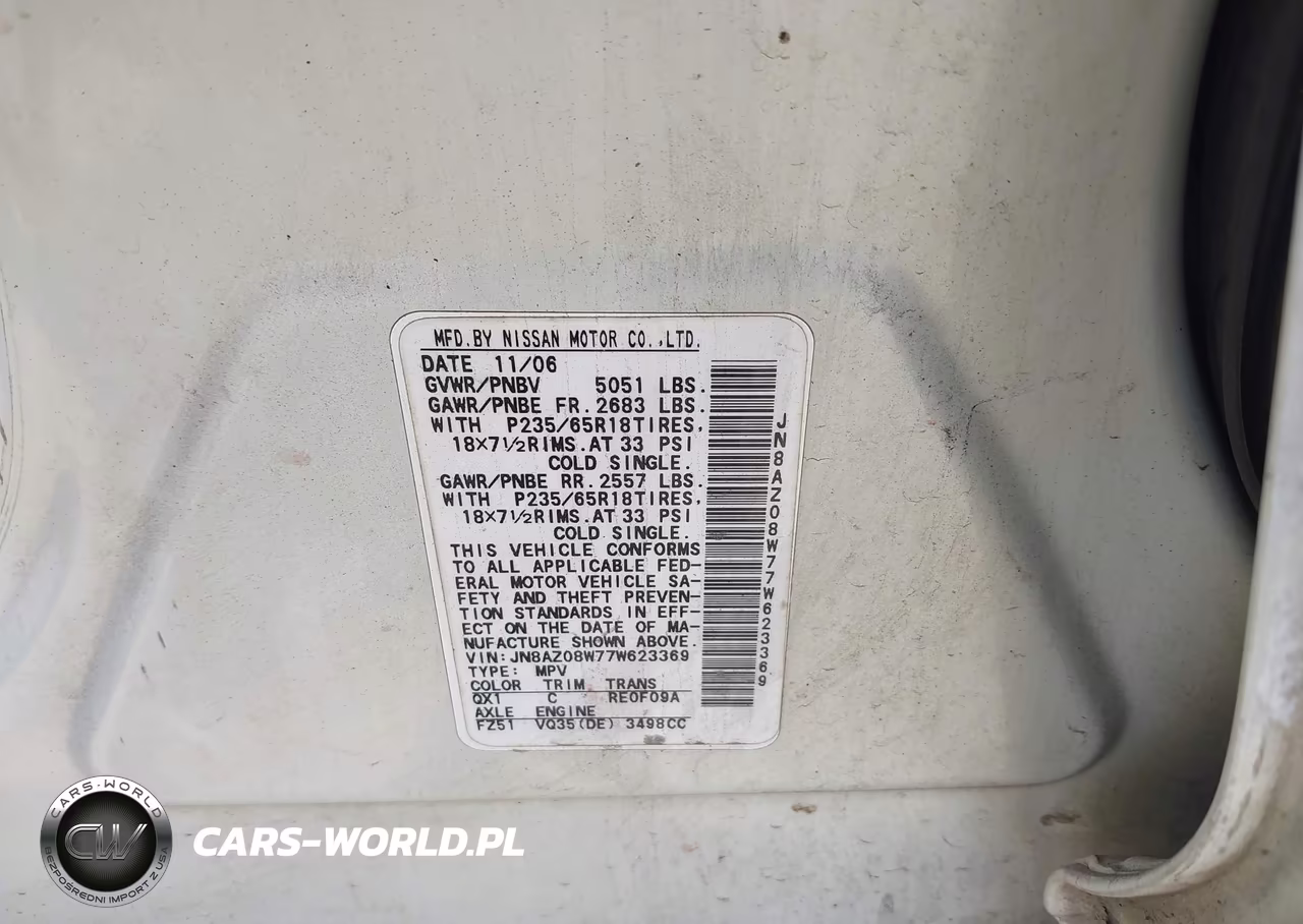 2007 Nissan Murano S VIN:JN8AZ08W77W623369 - 9
