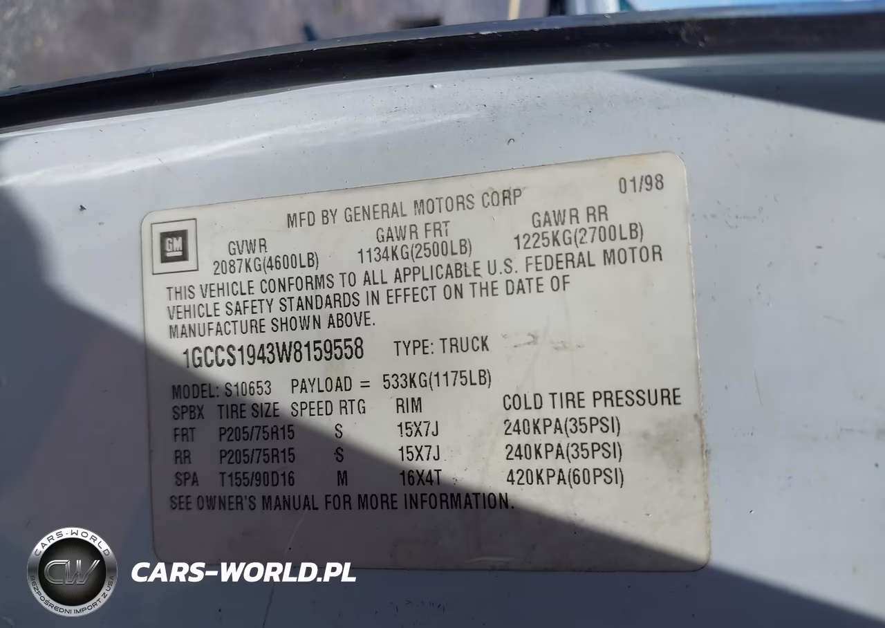 1998 Chevrolet S-10 Ls Fleetside VIN:1GCCS1943W8159558 - 9