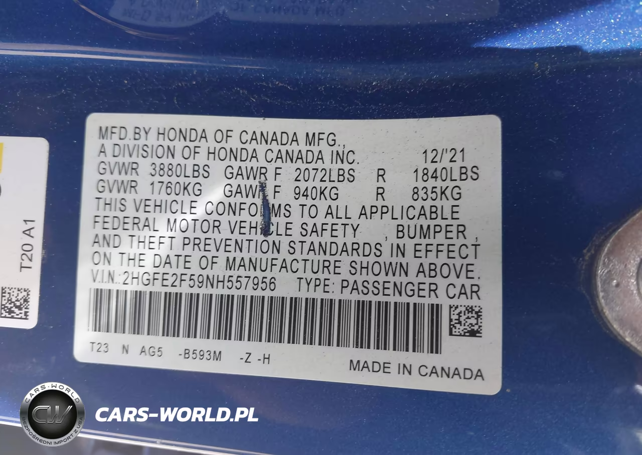 2022 Honda Civic Sport VIN:2HGFE2F59NH557956 - 9