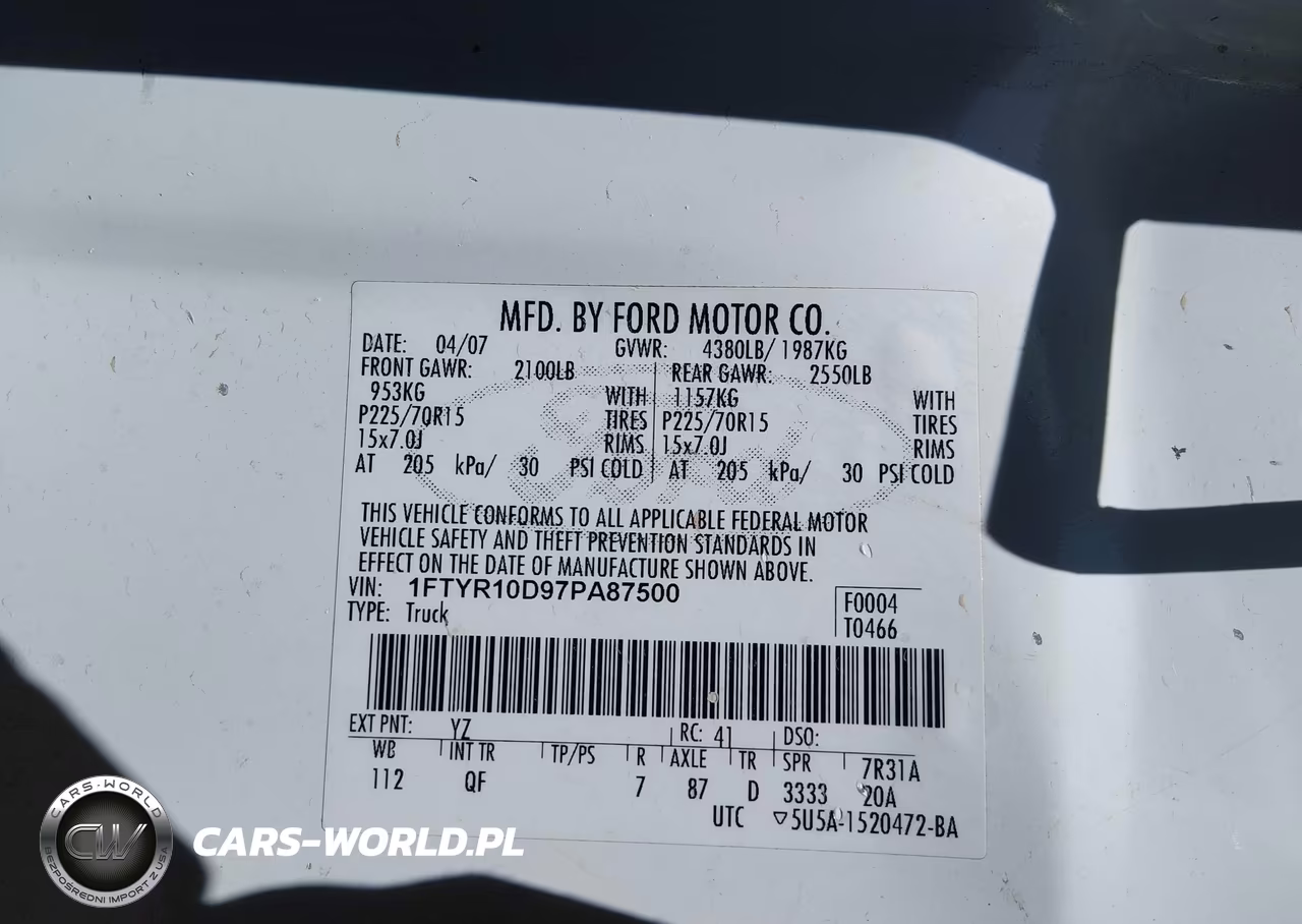 2007 Ford Ranger Stx-Xl-Xlt VIN:1FTYR10D97PA87500 - 9