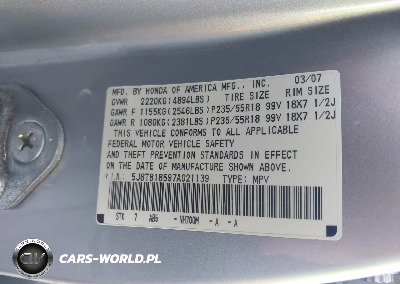 2007 Acura Rdx VIN:5J8TB18597A021139 - 9