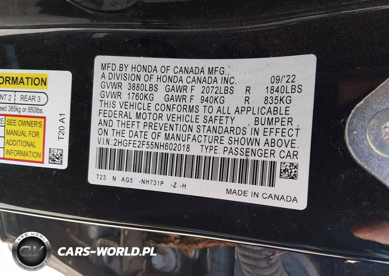 2022 Honda Civic Sport VIN:2HGFE2F55NH602018 - 9
