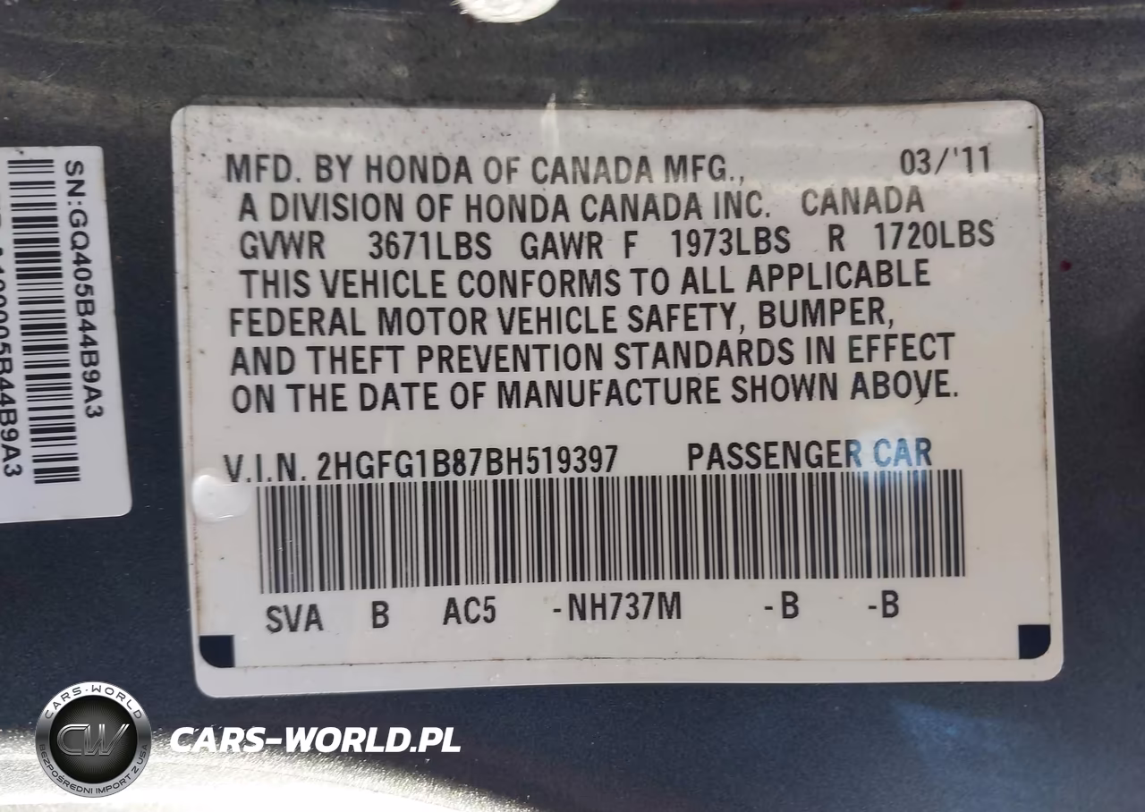 2011 Honda Civic Ex VIN:2HGFG1B87BH519397 - 9