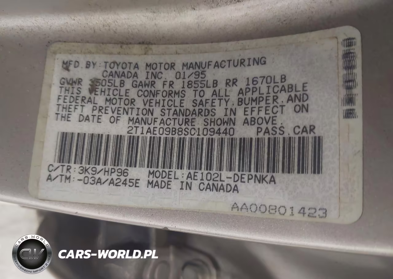 1995 Toyota Corolla Le-Dx VIN:2T1AE09B8SC109440 - 9