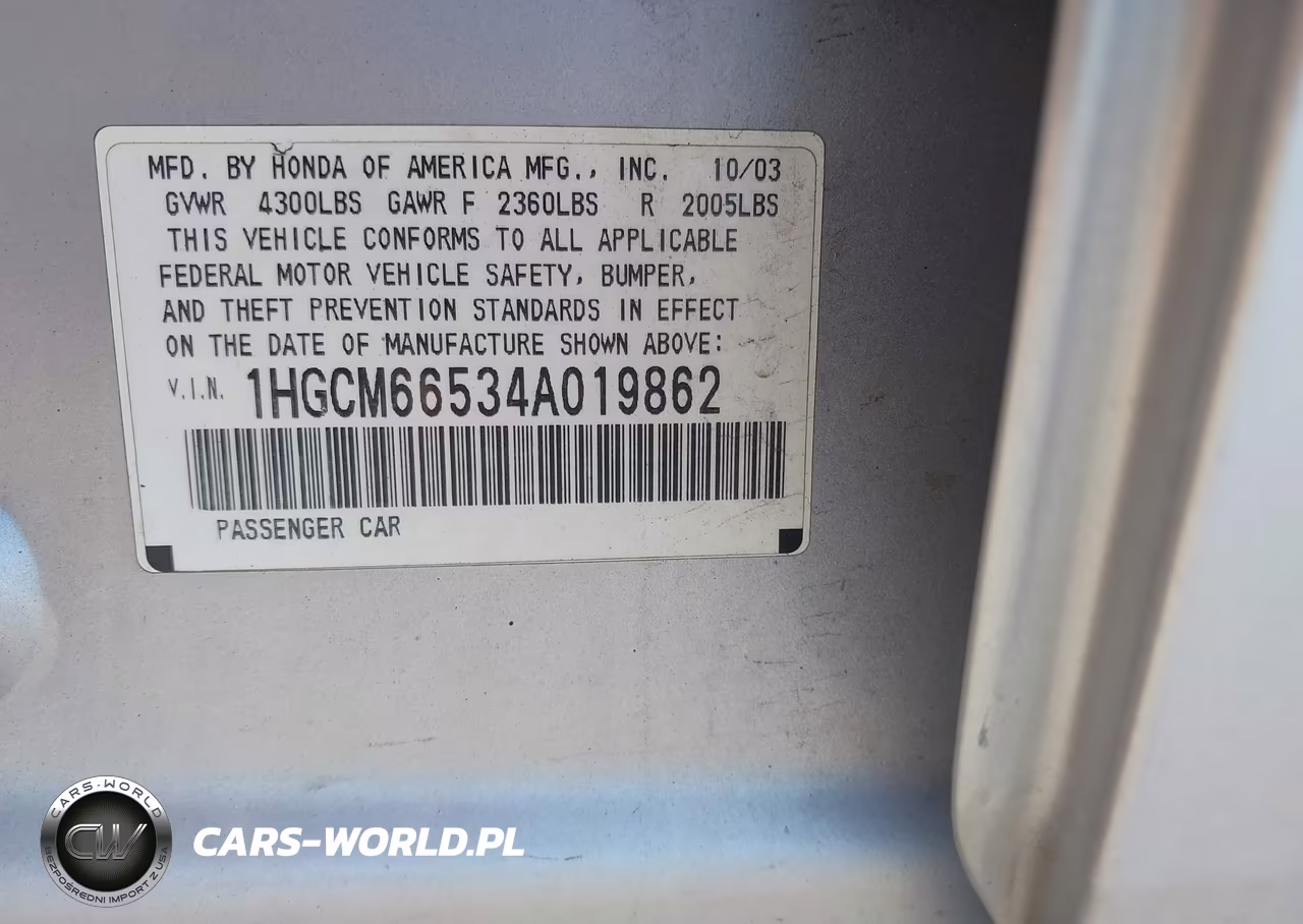 2004 Honda Accord 3.0 Ex VIN:1HGCM66534A019862 - 9