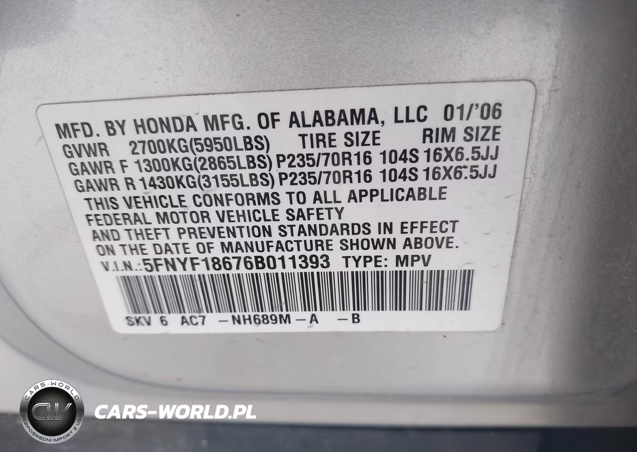 2006 Honda Pilot Ex-L VIN:5FNYF18676B011393 - 9