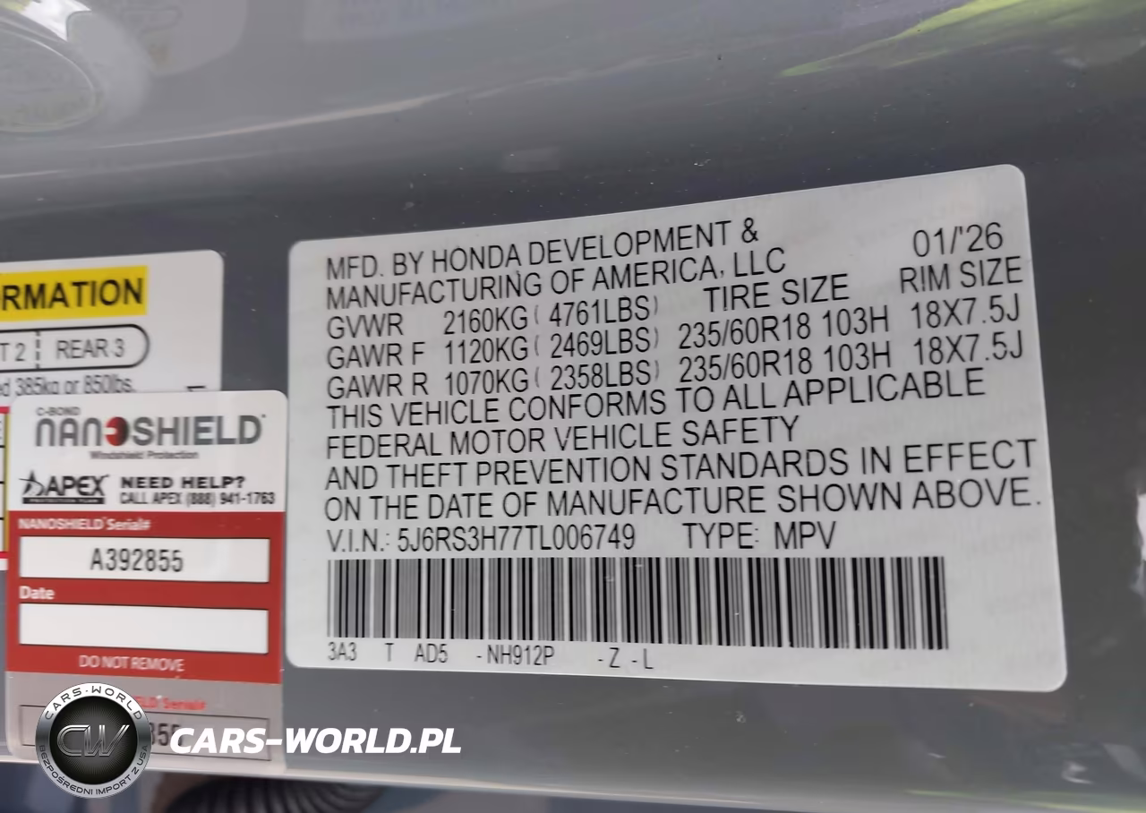 2026 Honda Cr-V Ex-L 2Wd VIN:5J6RS3H77TL006749 - 9