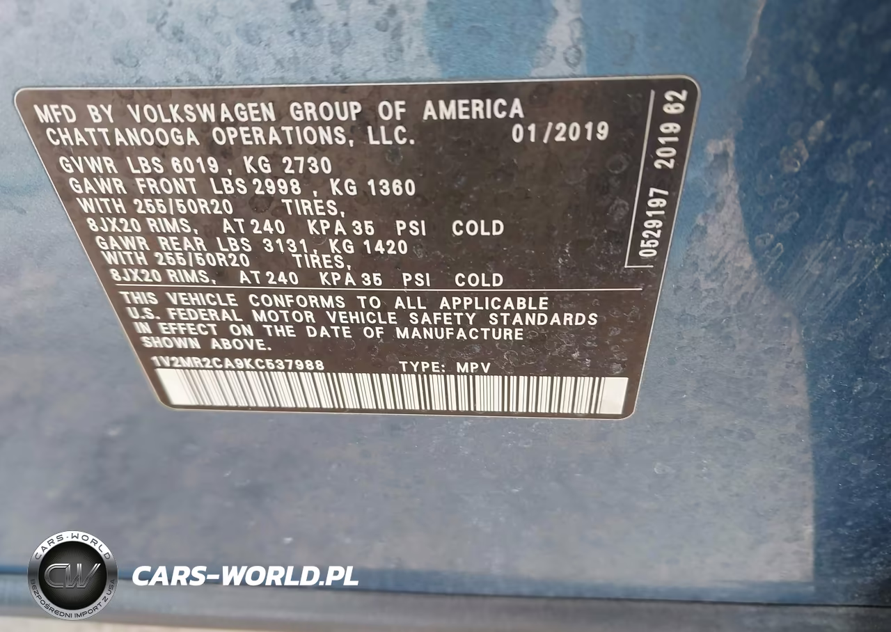 2019 Volkswagen Atlas 3.6L V6 Sel VIN:1V2MR2CA9KC537988 - 9