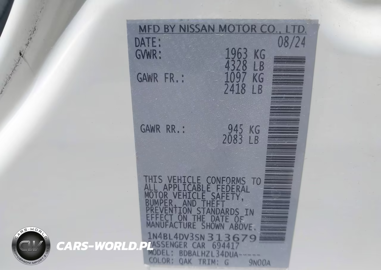 2025 Nissan Altima Sv Fwd VIN:1N4BL4DV3SN313679 - 9