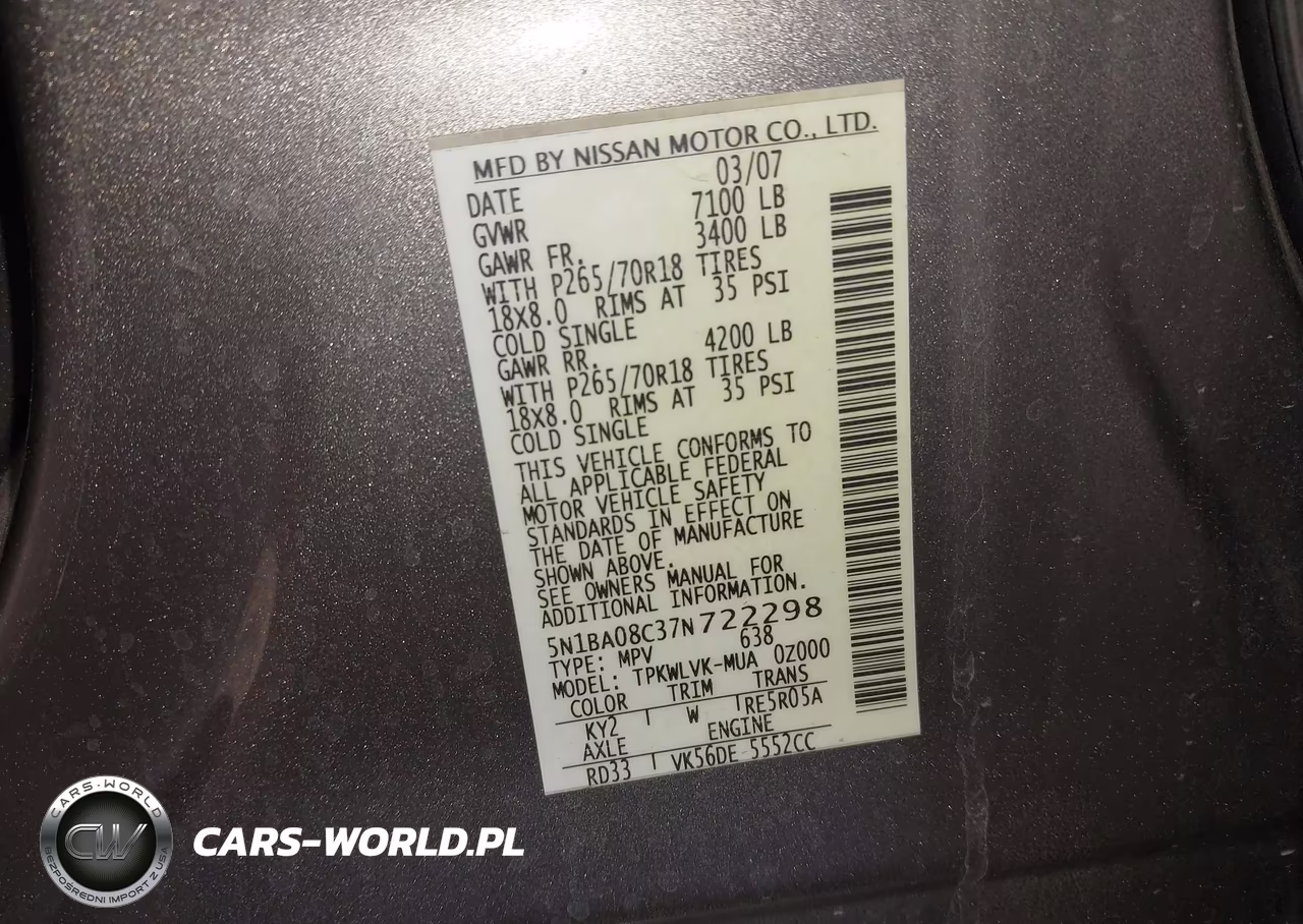 2007 Nissan Armada Le VIN:5N1BA08C37N722298 - 9