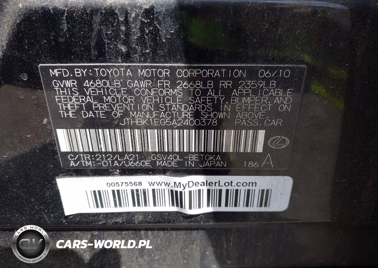 2010 Lexus Es 350 VIN:JTHBK1EG5A2400378 - 9
