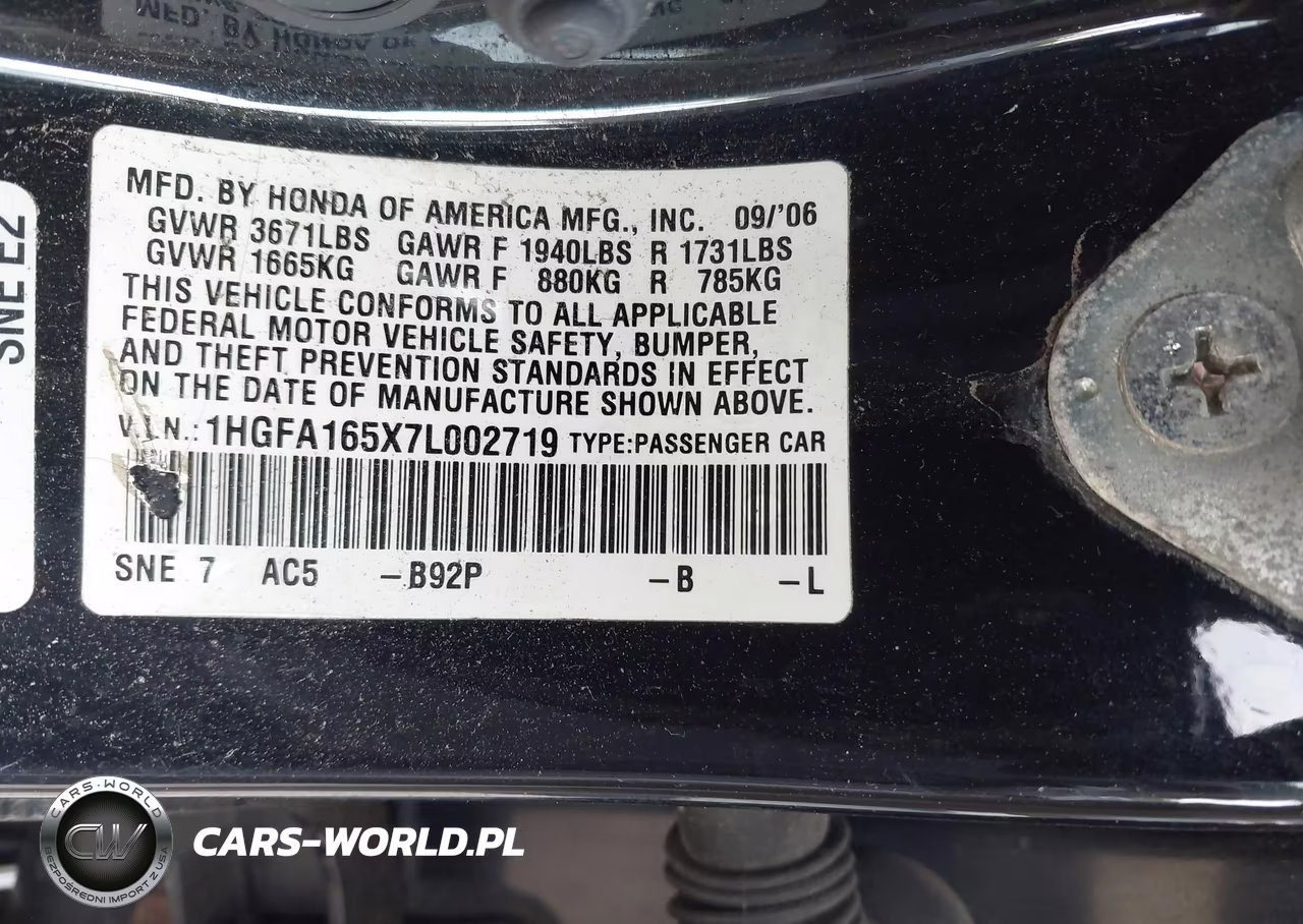 2007 Honda Civic Lx VIN:1HGFA165X7L002719 - 9