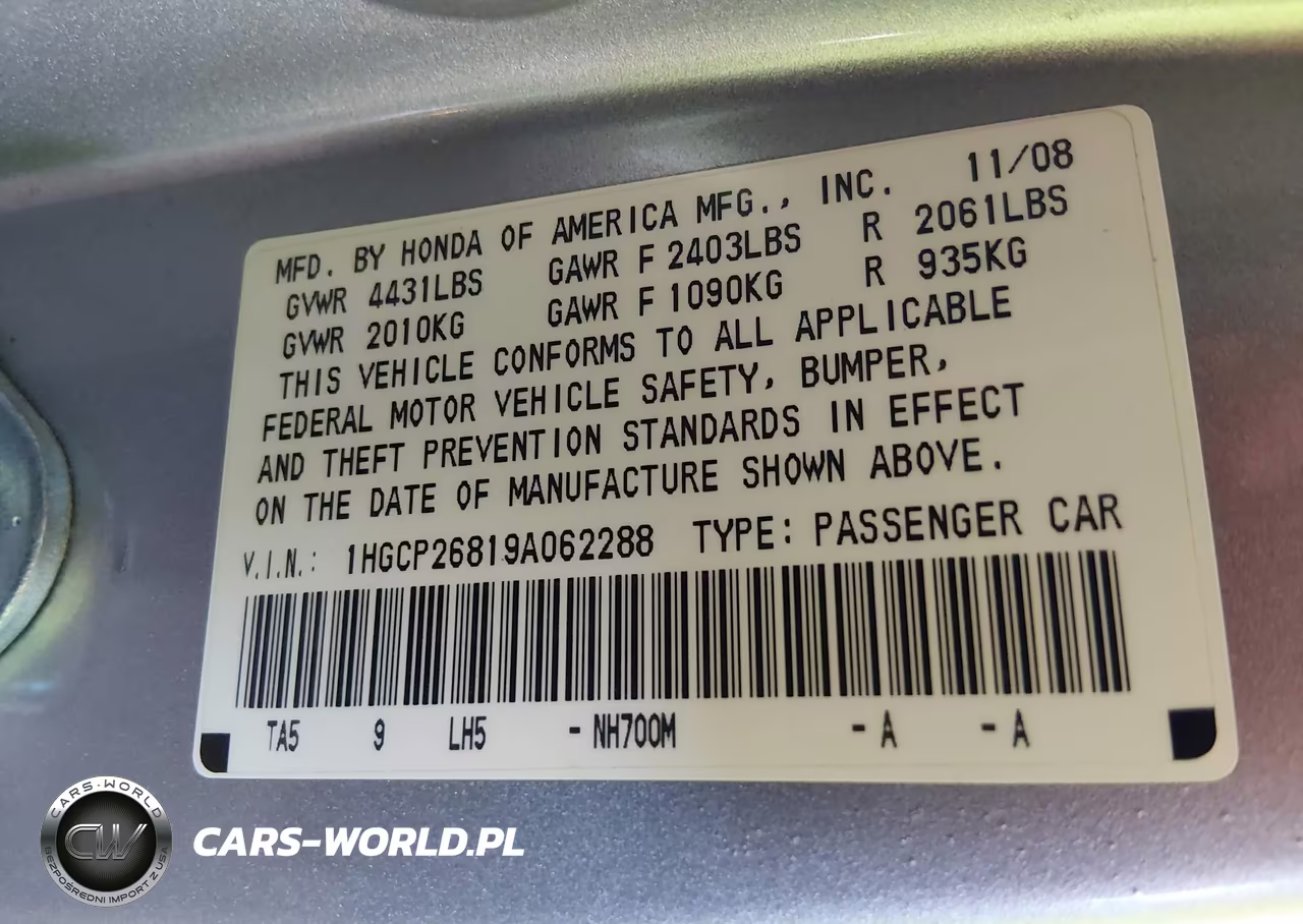 2009 Honda Accord 2.4 Ex-L VIN:1HGCP26819A062288 - 9