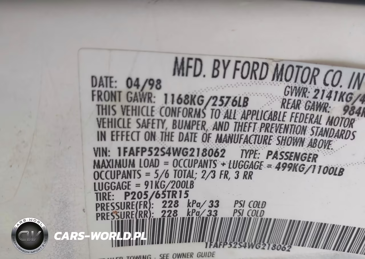 1998 Ford Taurus Lx-Se VIN:1FAFP52S4WG218062 - 9