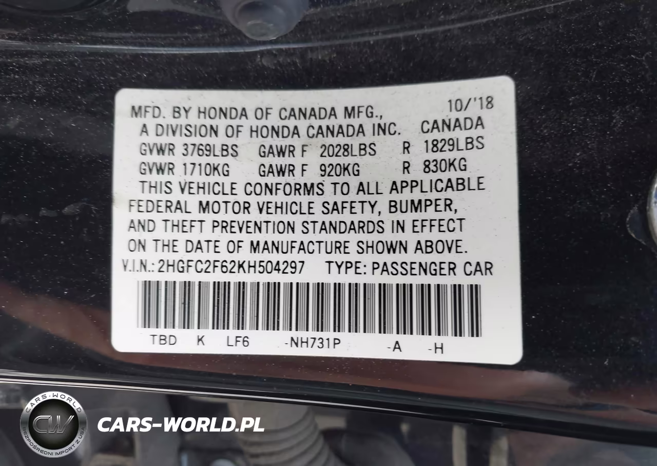 2019 Honda Civic Lx VIN:2HGFC2F62KH504297 - 9