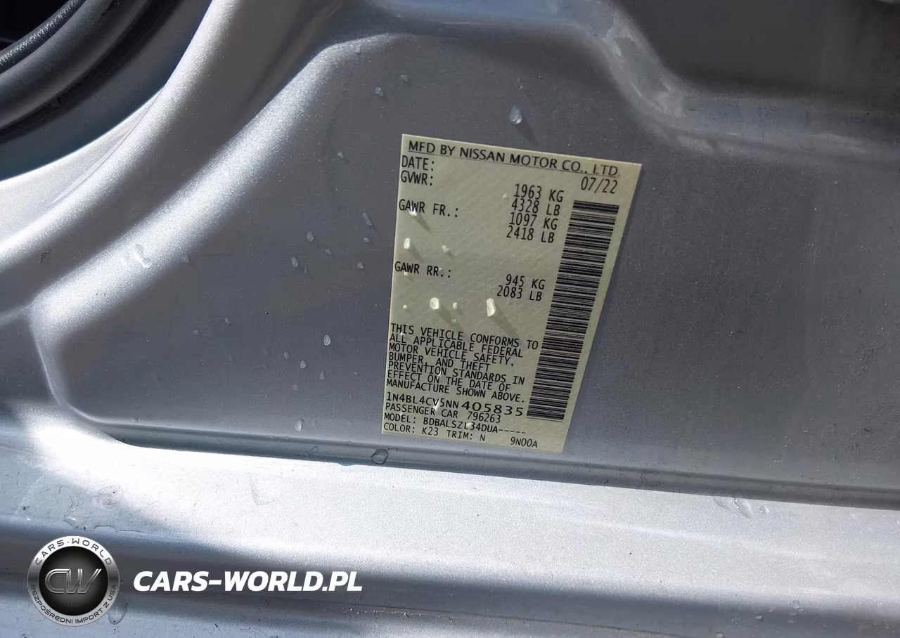 2022 Nissan Altima Sr Fwd VIN:1N4BL4CV5NN405835 - 9