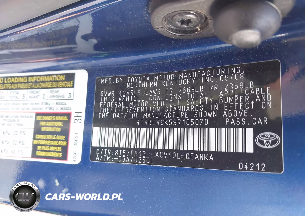 2009 Toyota Camry Le VIN:4T4BE46K59R105070 - 9