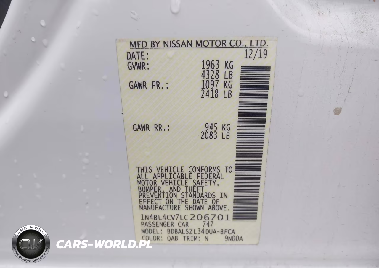 2020 Nissan Altima Sr Fwd VIN:1N4BL4CV7LC206701 - 9