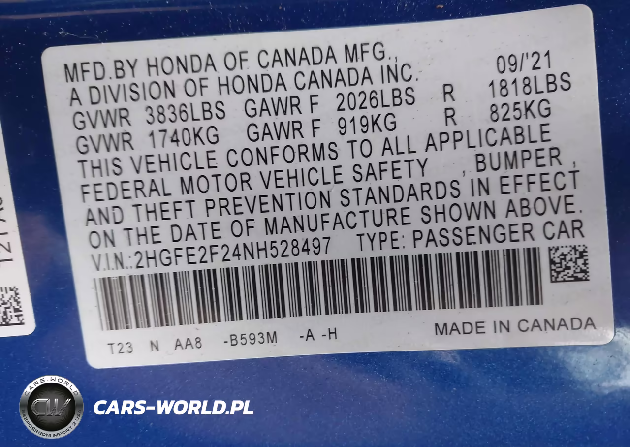 2022 Honda Civic Lx VIN:2HGFE2F24NH528497 - 9