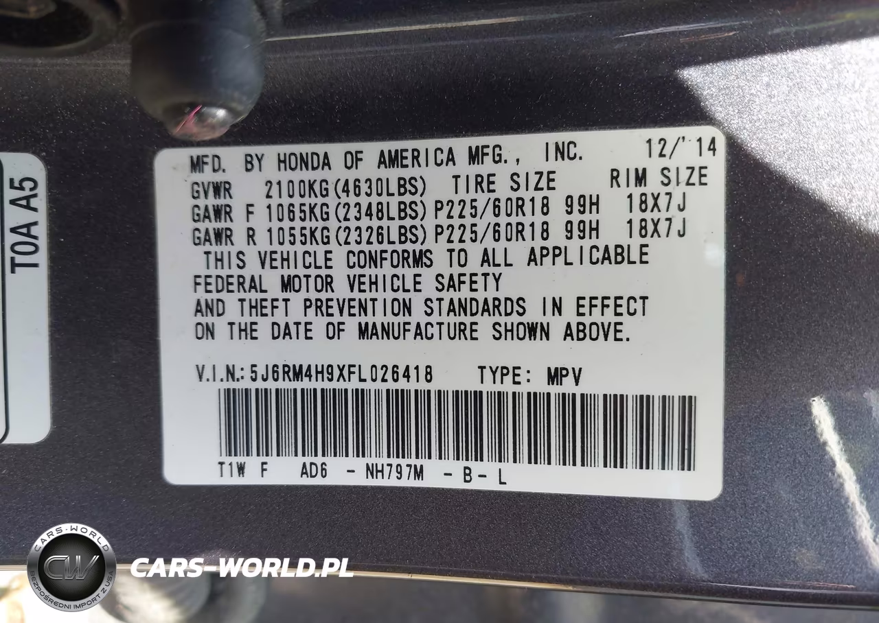2015 Honda Cr-V Touring VIN:5J6RM4H9XFL026418 - 9