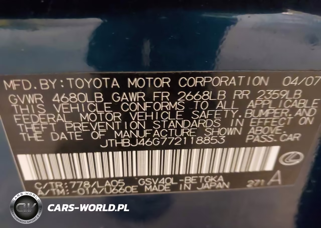 2007 Lexus Es 350 VIN:JTHBJ46G772118853 - 9