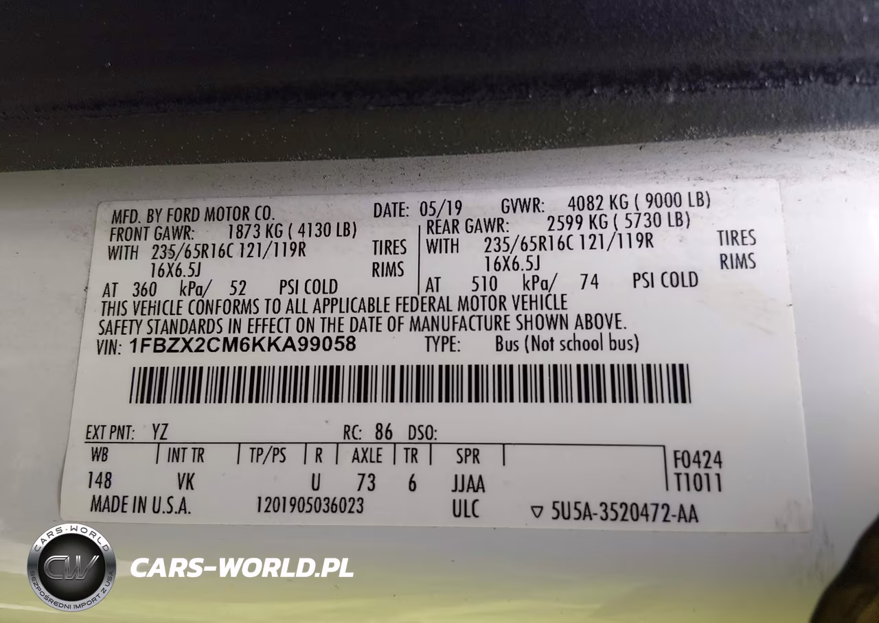 2019 Ford Transit-350 Xl VIN:1FBZX2CM6KKA99058 - 9