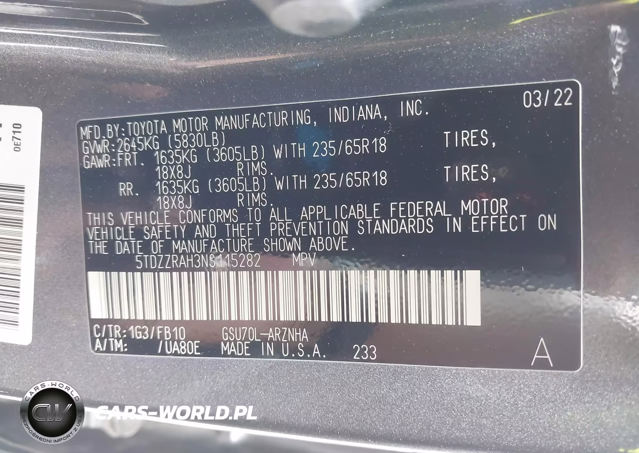 2022 Toyota Highlander Le VIN:5TDZZRAH3NS115282 - 9