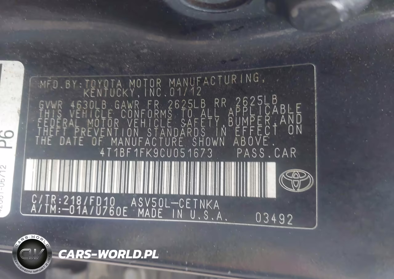 2012 Toyota Camry Le VIN:4T1BF1FK9CU051673 - 9