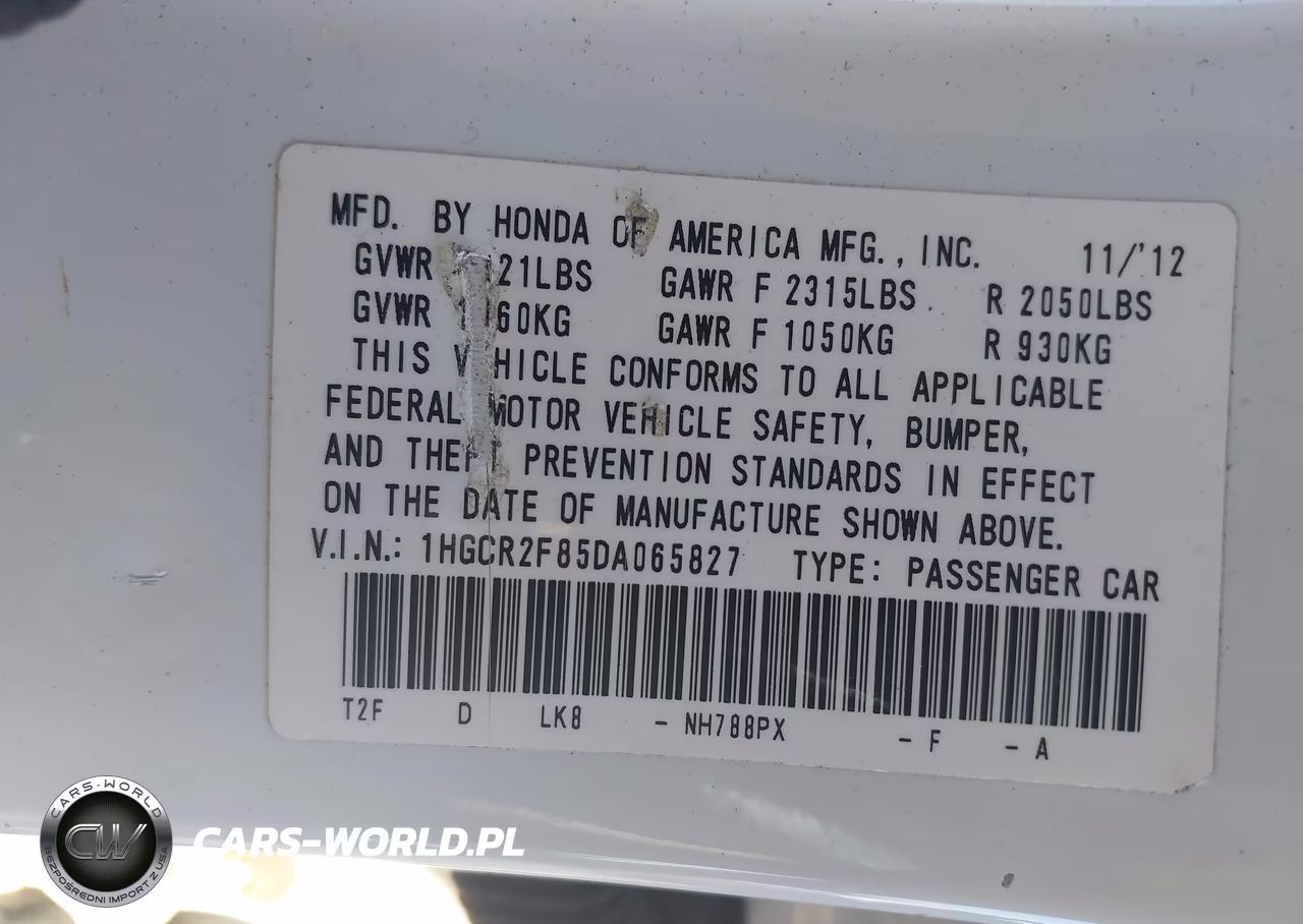 2013 Honda Accord Ex-L VIN:1HGCR2F85DA065827 - 9