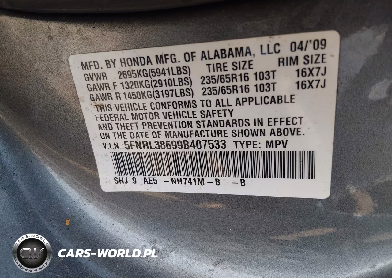 2009 Honda Odyssey Ex-L VIN:5FNRL38699B407533 - 9