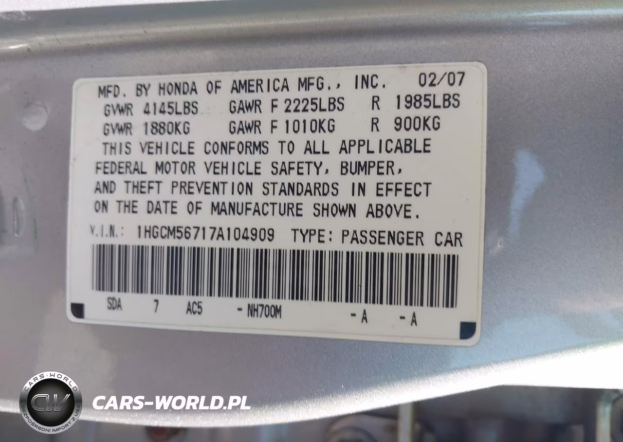 2007 Honda Accord 2.4 Ex VIN:1HGCM56717A104909 - 9