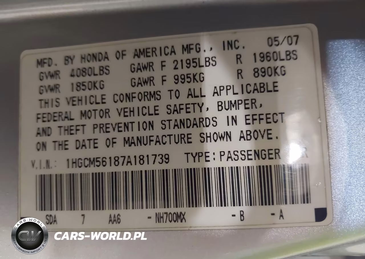 2007 Honda Accord 2.4 Vp VIN:1HGCM56187A181739 - 9
