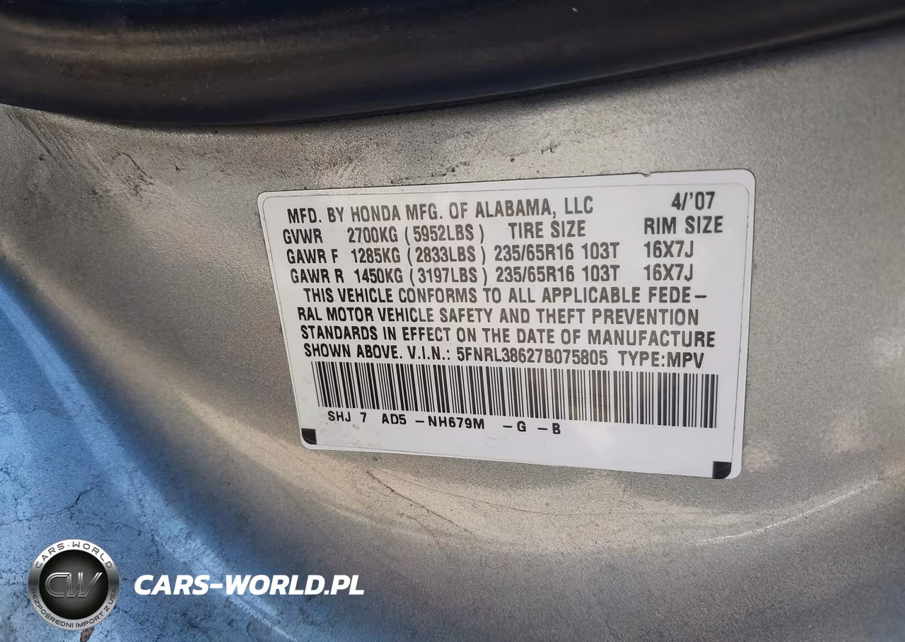 2007 Honda Odyssey Ex-L VIN:5FNRL38627B075805 - 9