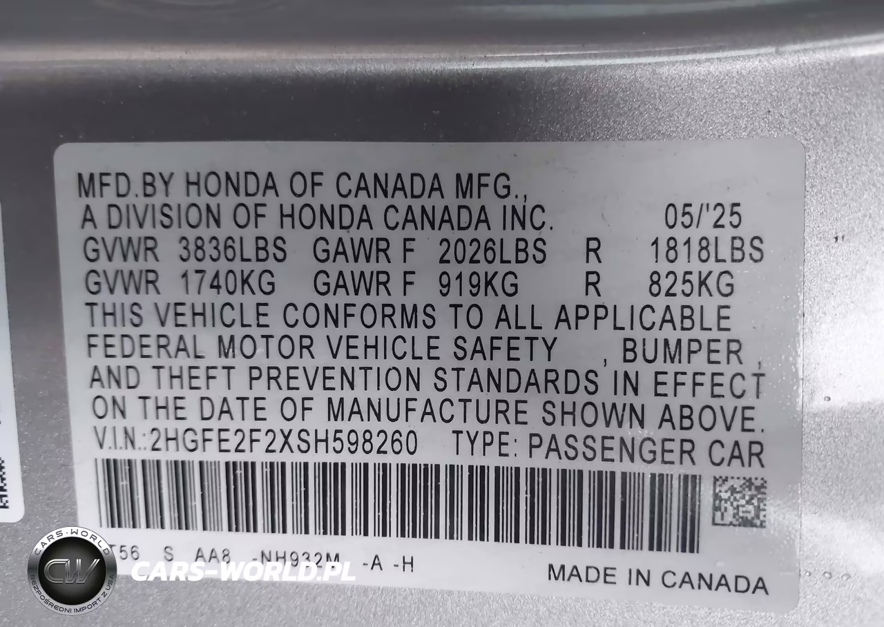 2025 Honda Civic Lx VIN:2HGFE2F2XSH598260 - 9