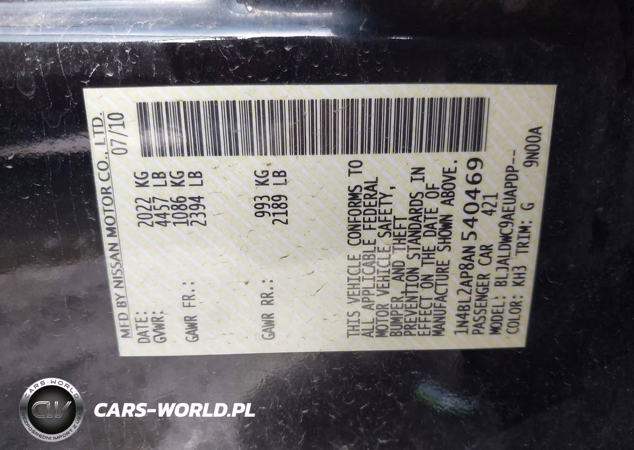 2010 Nissan Altima 3.5 Sr VIN:1N4BL2AP8AN540469 - 9