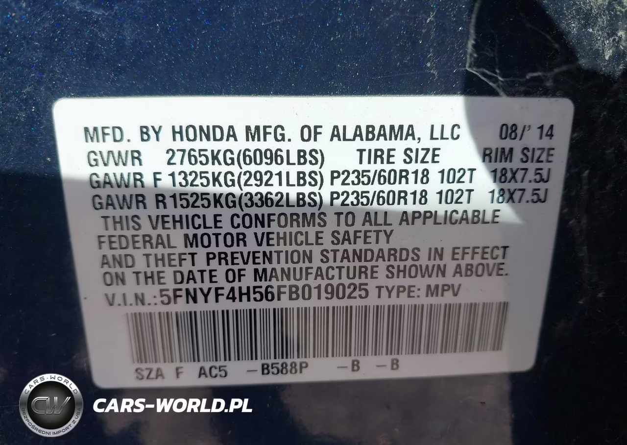 2015 Honda Pilot Ex-L VIN:5FNYF4H56FB019025 - 9