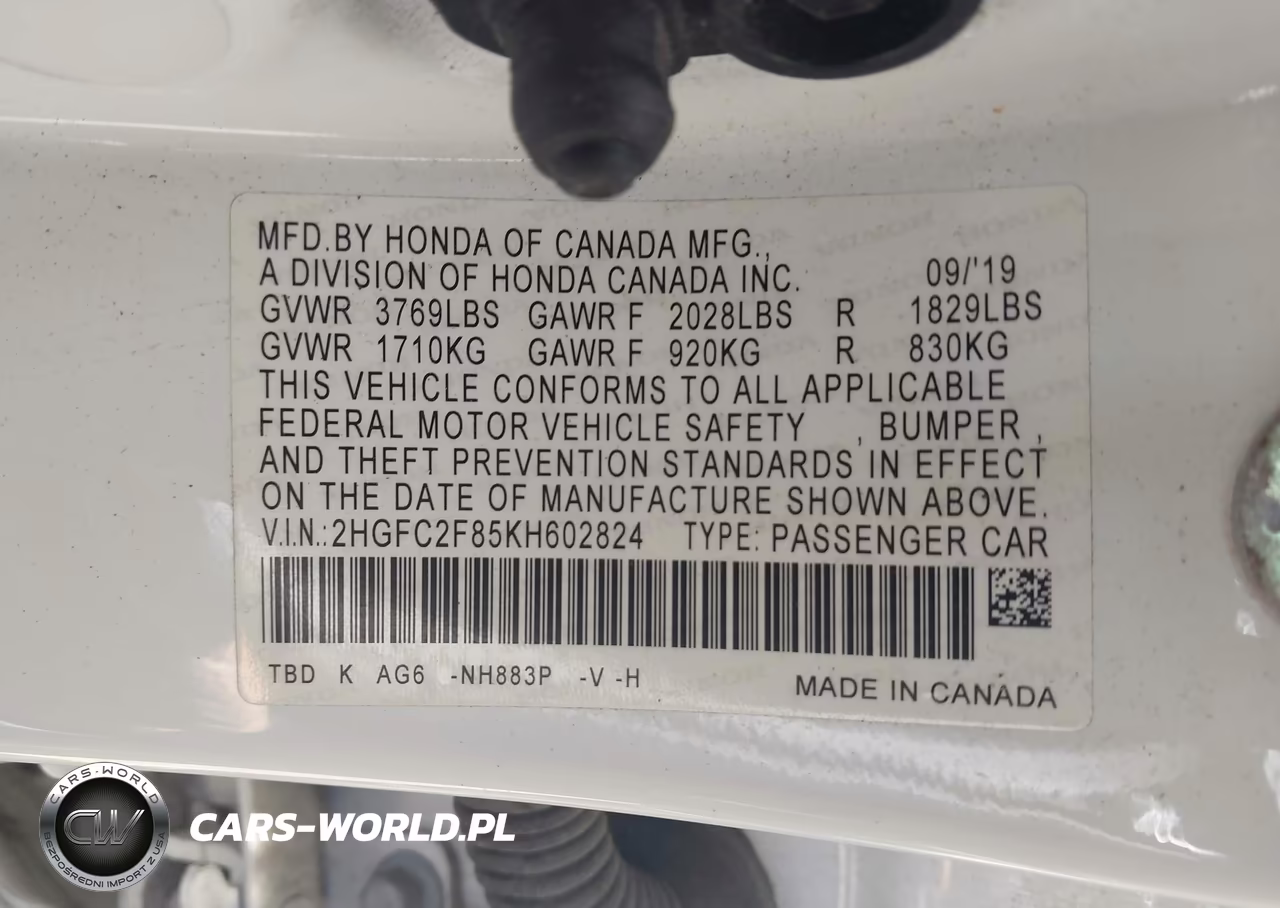 2019 Honda Civic Sport VIN:2HGFC2F85KH602824 - 9